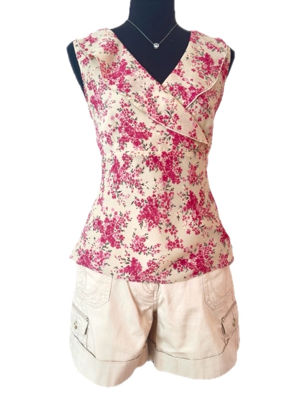 ANN TAYLOR ~ Cream Sleeveless Camisole with Pink Floral Print Side Zipper